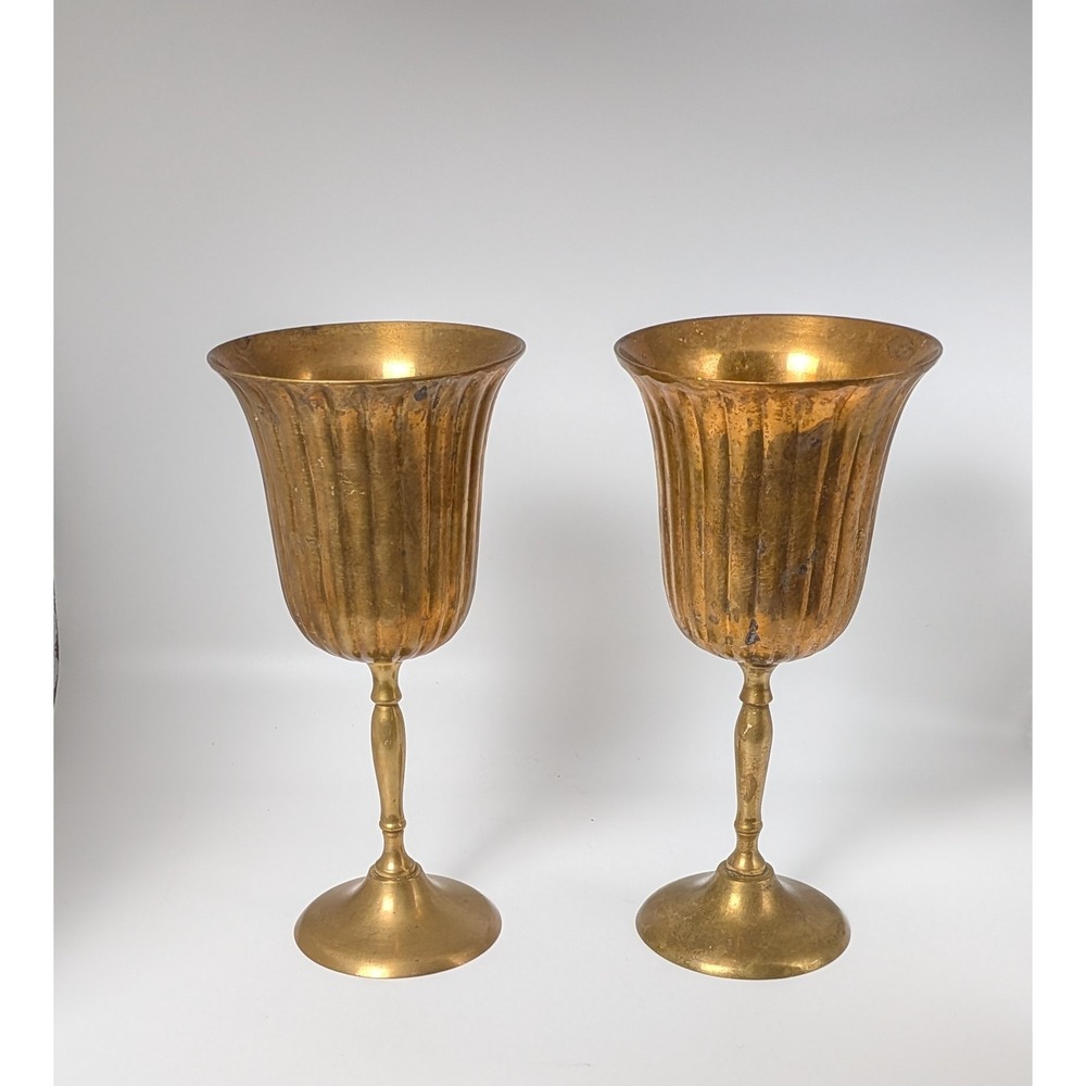 Vintage Brass Ribbed Wine Goblets Patina Set of 2